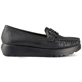 Black women's moccasins made of eco-leather on a platform, leather insole
