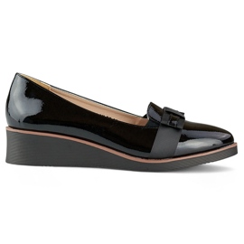 Black patent leather women's shoes with a low wedge