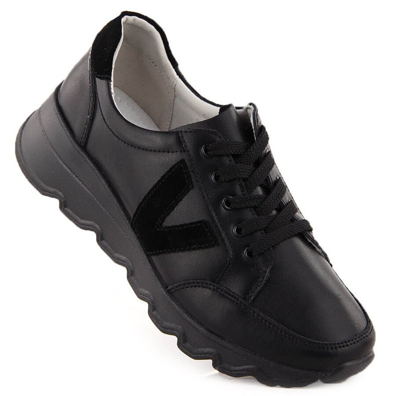 Women's leather sneakers on a wedge, black, Vinceza 7918