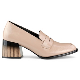Patent leather beige women's shoes with a low, comfortable heel