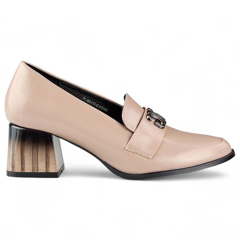 Beige patent leather women's pumps with a block heel, women's half-shoes