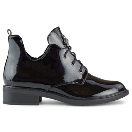 Patent leather lace-up black ankle boots with flat sole
