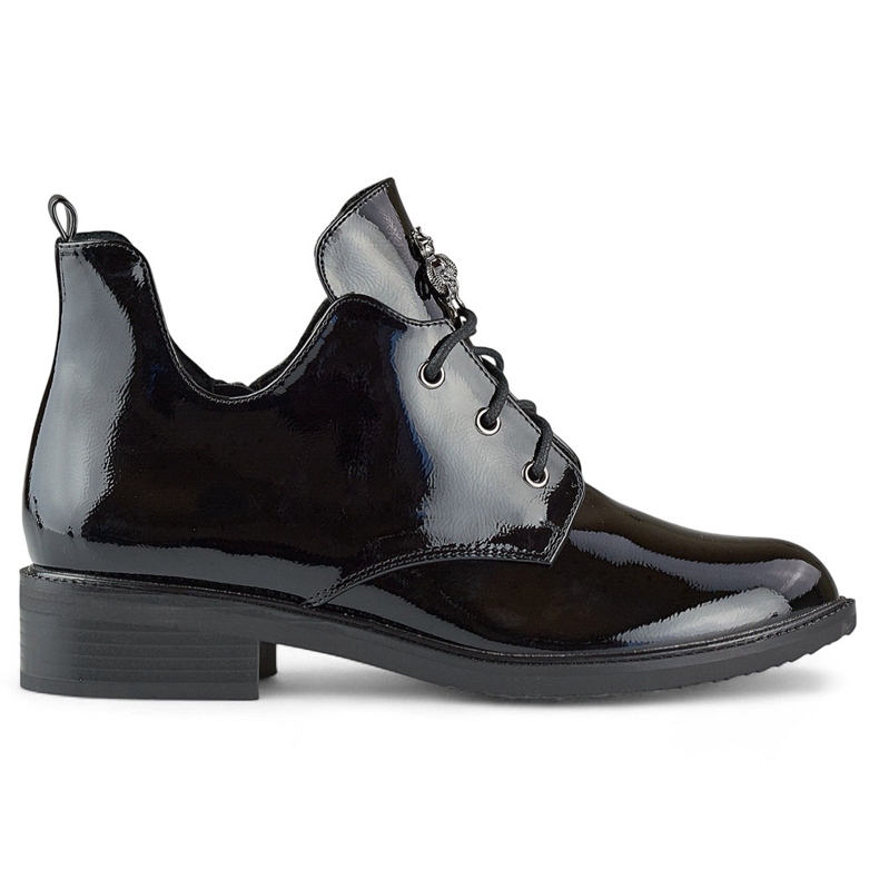 Patent leather lace-up black ankle boots with flat sole