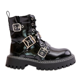 Patent Leather Worker Ankle Boots With Buckles Black Serizia