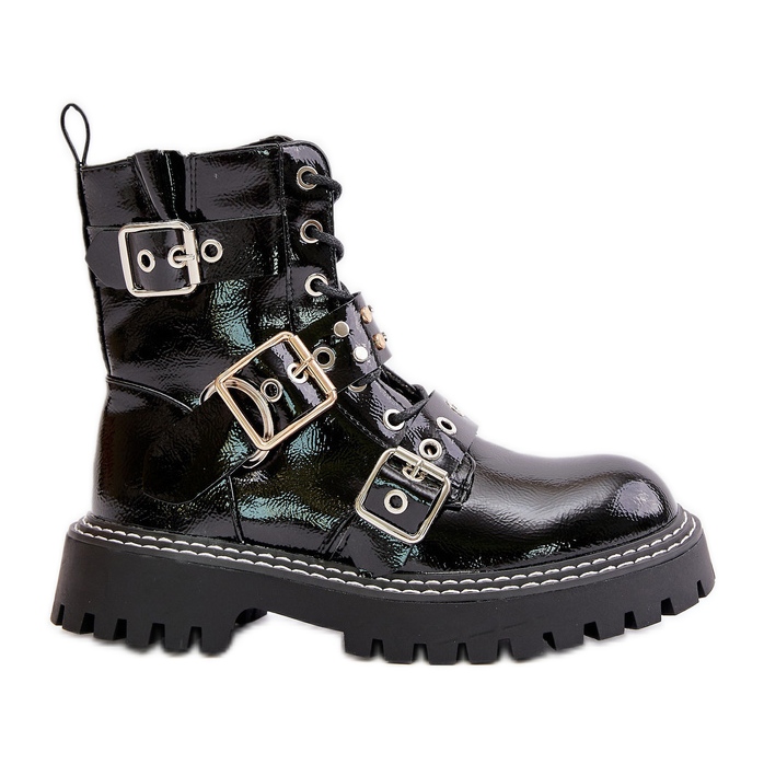 Patent Leather Worker Ankle Boots With Buckles Black Serizia