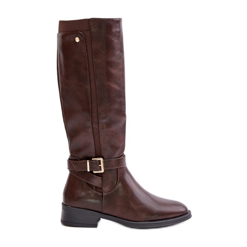 Women's Warm Flat Boots With Gold Buckle Brown Arsisna