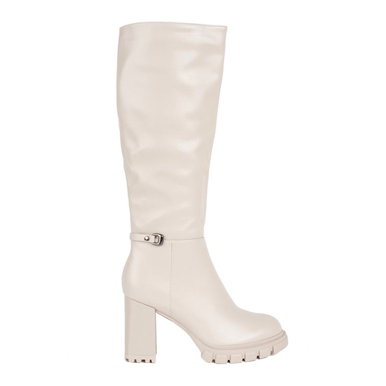 Classic beige boots with a block heel