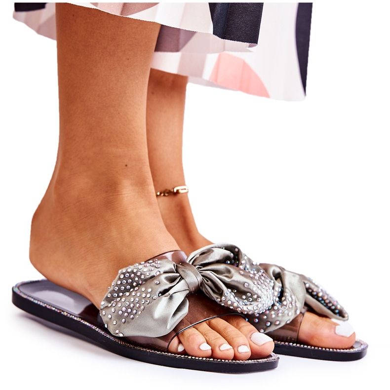 Women's rubber flip flops with a bow and black-gray zircons grey