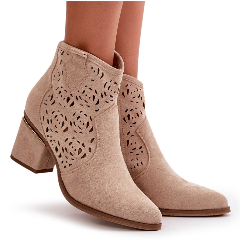 Openwork Cowboy Boots With A Zipper On A Heel Light Beige Vosilara