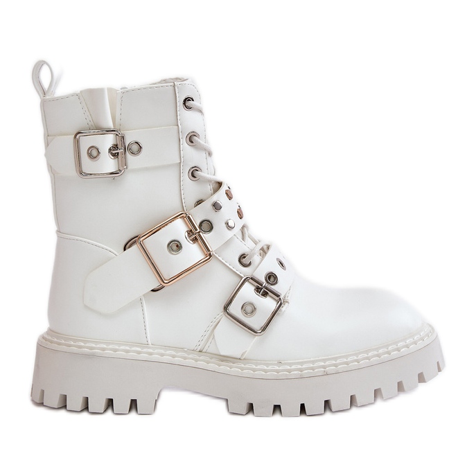 Eco Leather Worker Ankle Boots With Buckles White Serizia Eco Leather Worker Ankle Boots With Buckles White Serizia