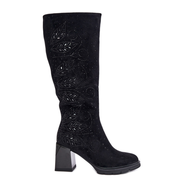 S.Barski Decorated Women's Knee High Boots Warm With Heel MR880-158 Black