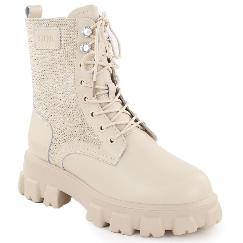 Women's leather ankle boots with zircons beige Goe OO2N4108