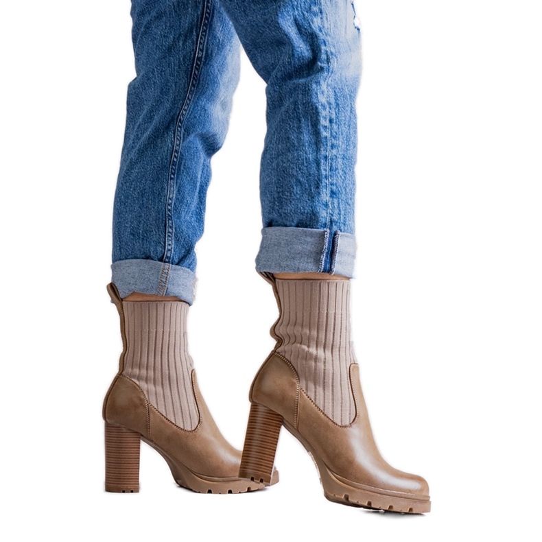 Dark beige ankle boots with a block heel made of Asera eco-leather