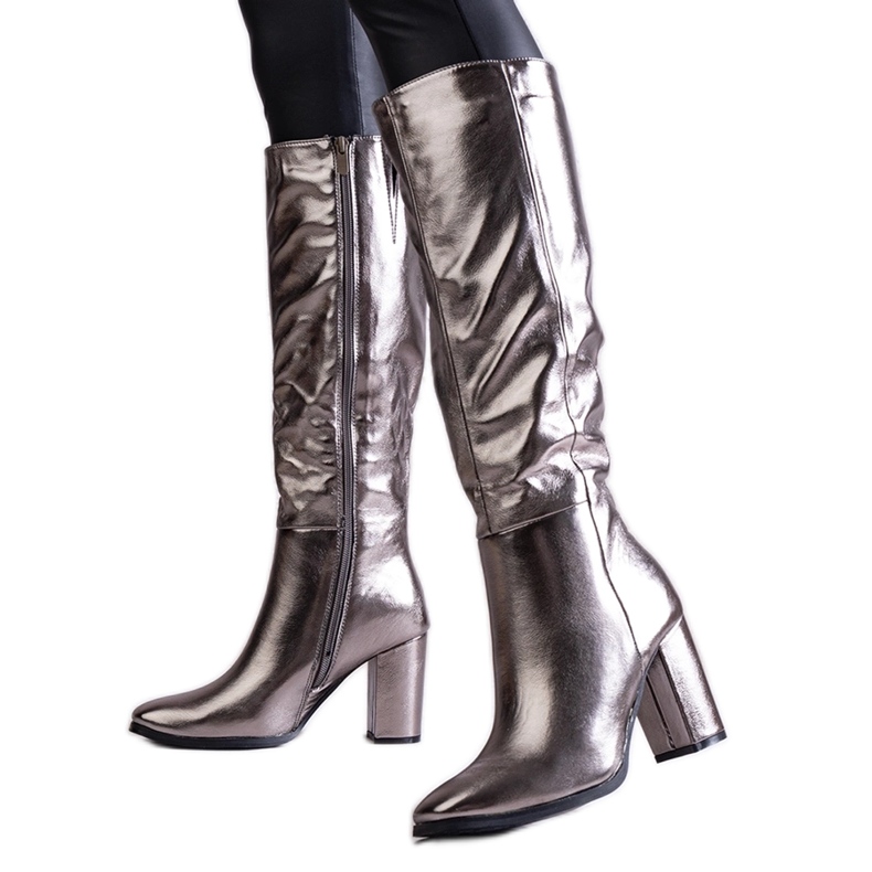 Silver boots with a block heel made of eco-leather Toume
