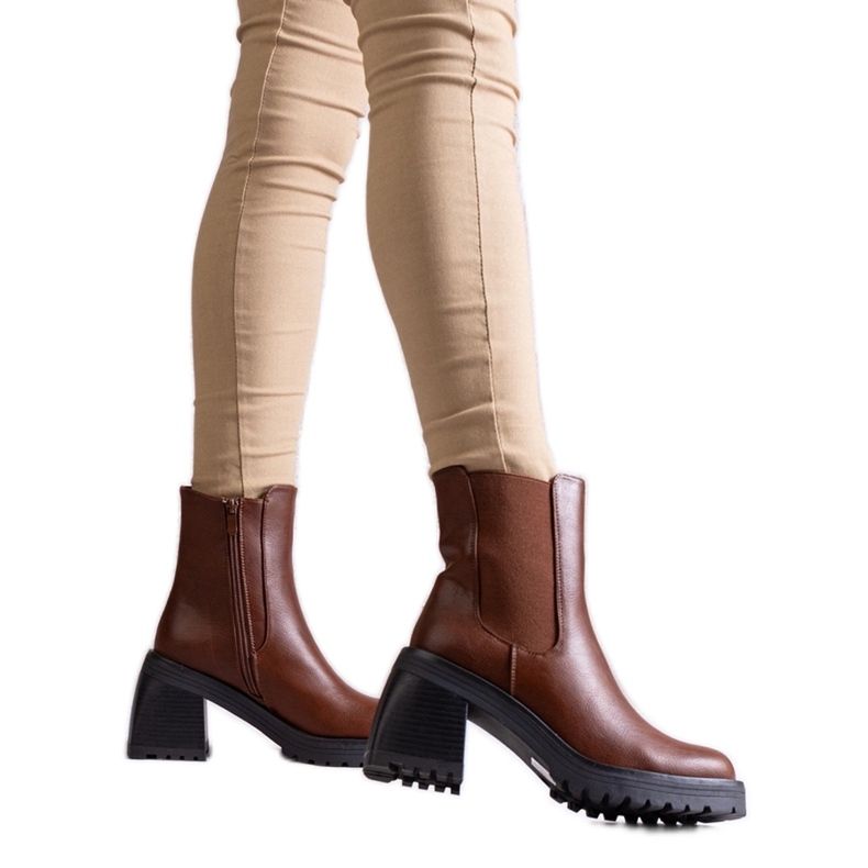 Brown women's ankle boots with a block heel made of eco-leather Ariane