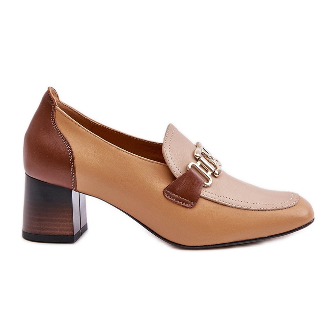 Laura Messi 2861 Brown Leather Pumps With Gold Decoration On The Block