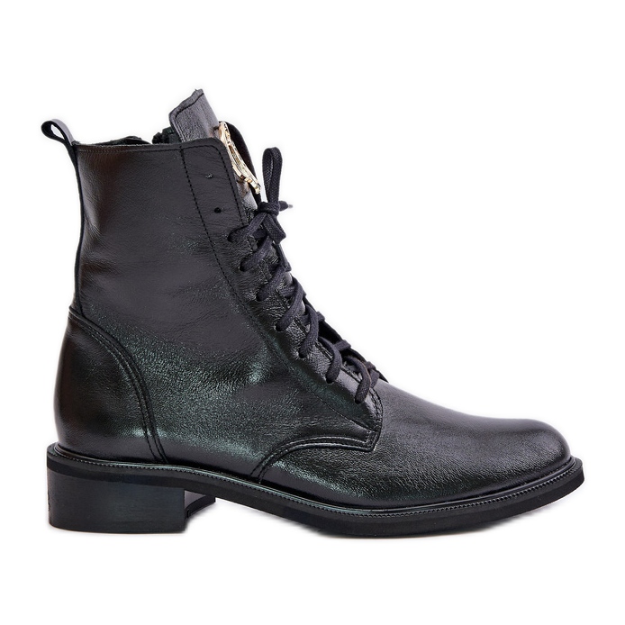 Zazoo 2955 Patent Leather Work Boots With Gold Tongue Detail Black