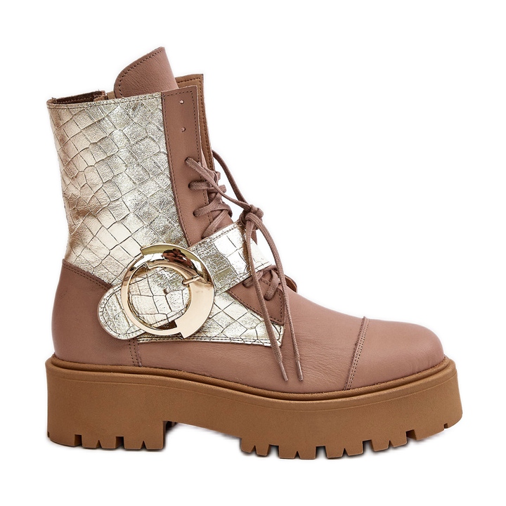 Zazoo 2942 Leather Work Boots With Gold Buckle Beige