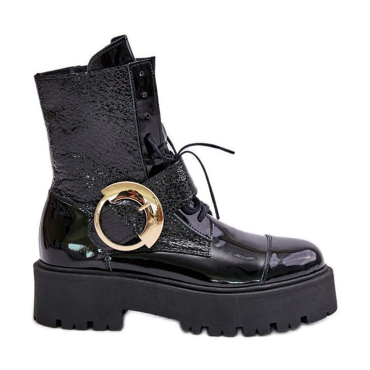 Zazoo 2942 Leather Work Boots With Gold Buckle Black Zazoo 2942 Leather Work Boots With Gold Buckle Black