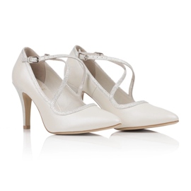 BUTDAM Wedding shoes high heels dancing with cross straps pearl ecru beige