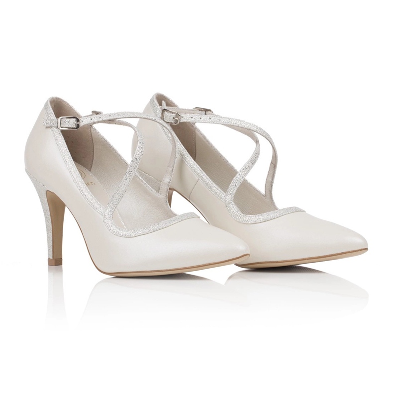 BUTDAM Wedding shoes high heels dancing with cross straps pearl ecru beige
