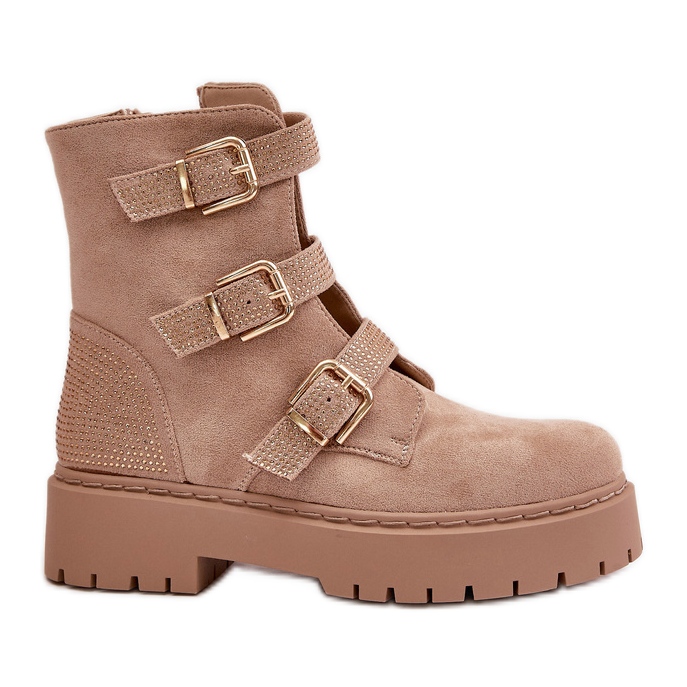 Insulated Women's Ankle Boots With Buckles Beige Tiaeliana