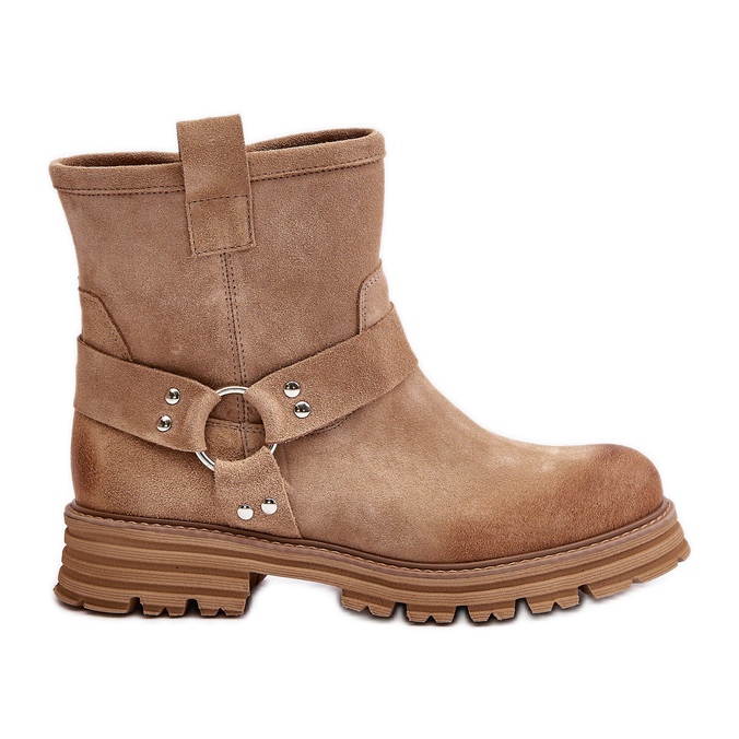 Suede Women's Ankle Boots With Flat Heel Lewski 3610 Beige