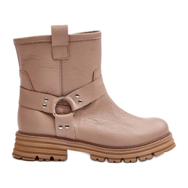 Leather Women's Ankle Boots With Flat Heel Lewski 3610 Beige