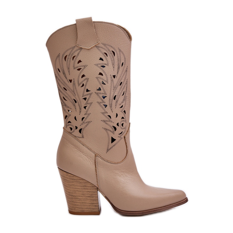 Openwork Mid-Calf Boots with Heel, Leather, Lewski 3609, Beige