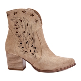 Openwork Suede Cowboy Boots On A Heel Lewski 3613 Beige