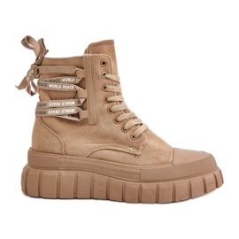 Women's Platform Ankle Boots With Decorative Laces Brown Edidda Women's Platform Ankle Boots With Decorative Laces Brown Edidda