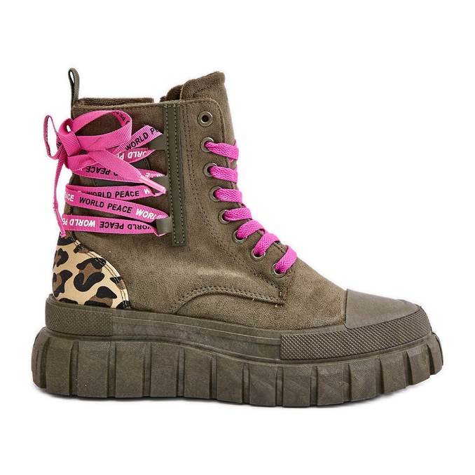 Women's Ankle Boots On The Platform With Decorative Lace-Up Leopard Green Edidda