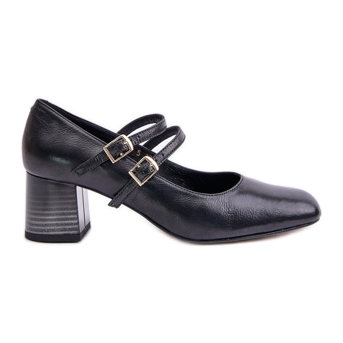 Laura Messi 2857 Black Leather Pumps With Straps On The Block