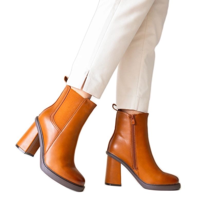 Brown ankle boots with a block heel made of eco-leather Almase