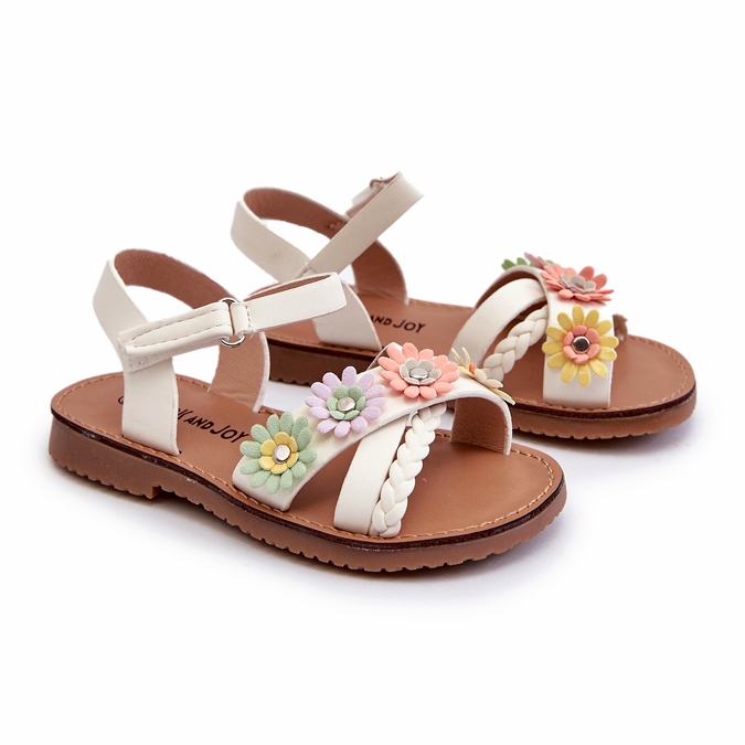 Girls' sandals fastened with Velcro with white flowers