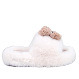 Fur slippers with bear Bando Beige