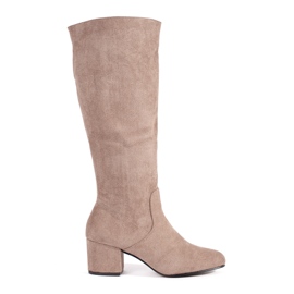 Beige suede women's boots with a heel