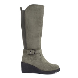 Suede dark green wedge boots