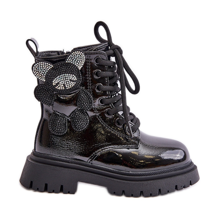 Insulated Girls' Ankle Boots With Teddy Bear With Zipper Patent Black Relobia