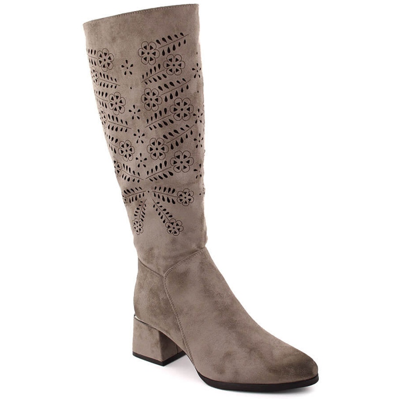 Women's suede insulated openwork boots khaki Potocki 12506 beige