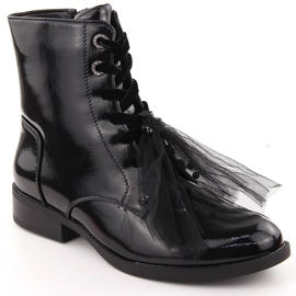 Black patent leather ankle boots with a bow by S.Barski