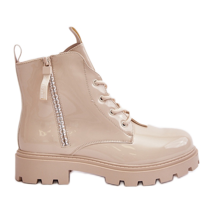 Women's Patent Worker Boots, Insulated, With Inscriptions, Beige Zinfreya