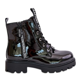 Women's Patent Worker Boots, Insulated, With Inscriptions, Black, Zinfrey
