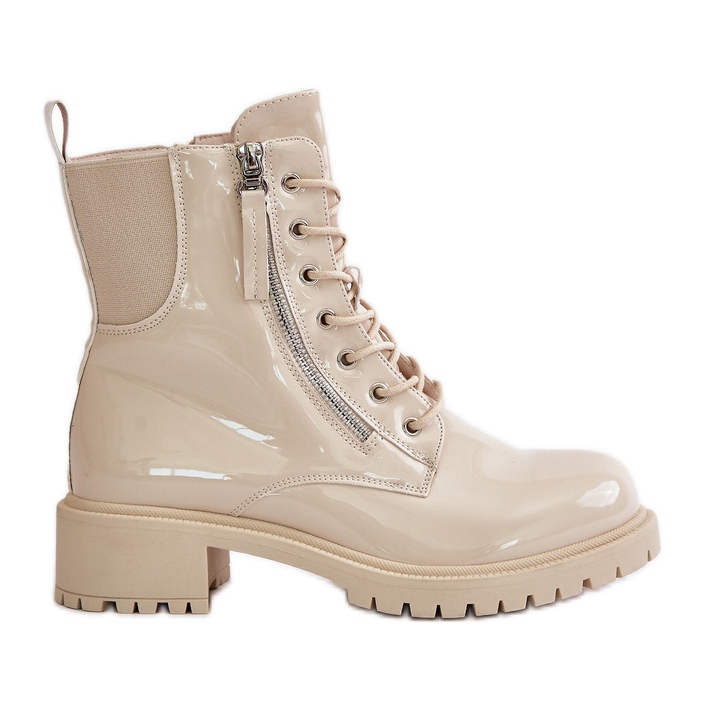 Patent Worker Boots With Zipper, Insulated Beige Ravanthia