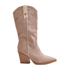 Insulated Cowboy Boots On High Heel Eco Suede Beige Hanivin