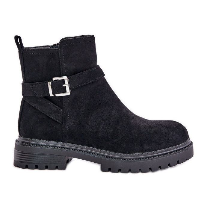 Insulated Eco Suede Boots with Zipper and Buckle, Black Zinovelle