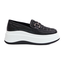 Women's Leather Moccasins On The Platform With Decoration Vinceza 89105 Black