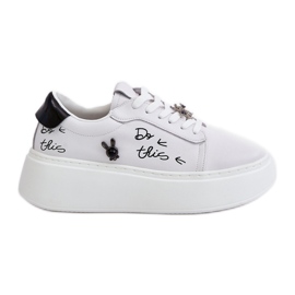 Women's Leather Sneakers on the Platform With Pins and the Vinceza Inscription 89102 White