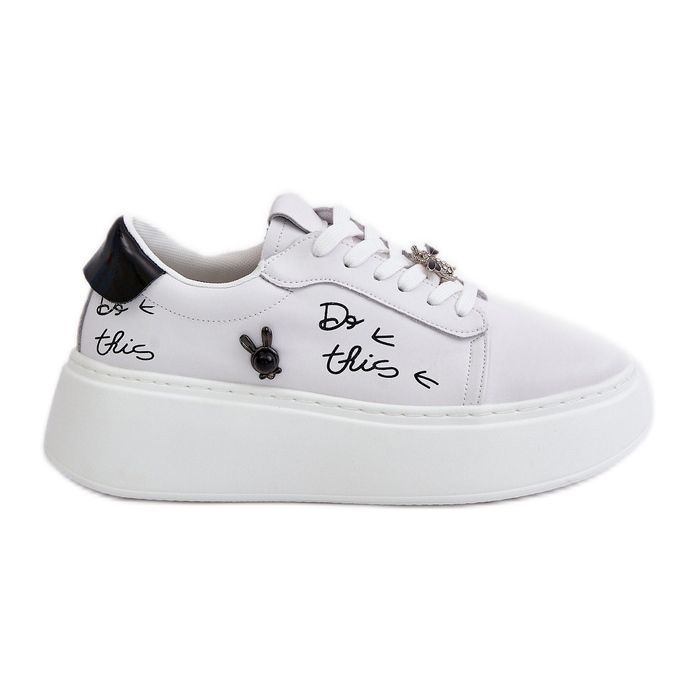 Women's Leather Sneakers on the Platform With Pins and the Vinceza Inscription 89102 White