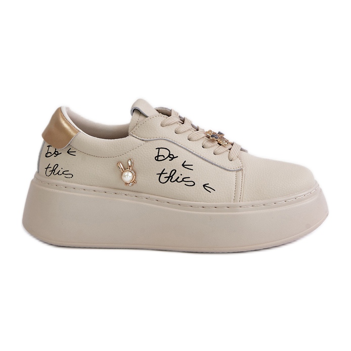 Women's Leather Sneakers on the Platform With Pins and the Vinceza Inscription 89102 Beige